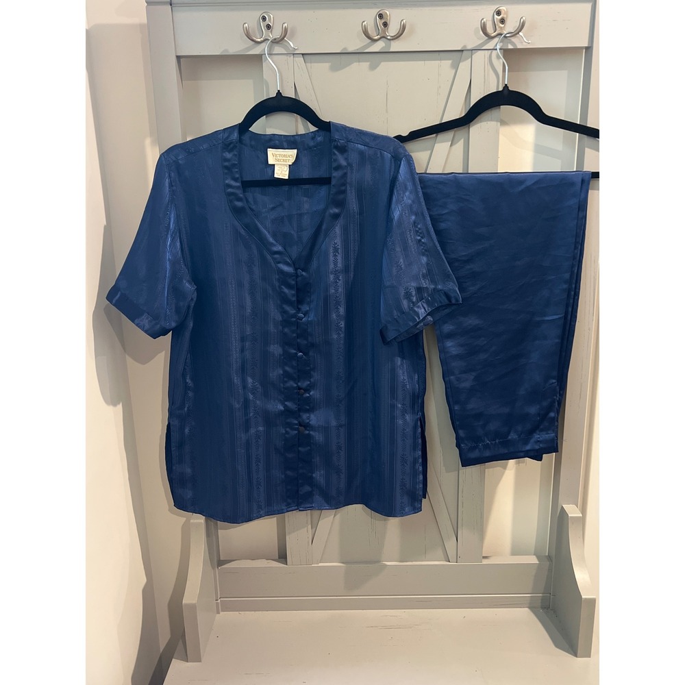 Victorias Secret Vintage Navy Satin Jacquard Pajama Set Short Sleeve Small Flaw